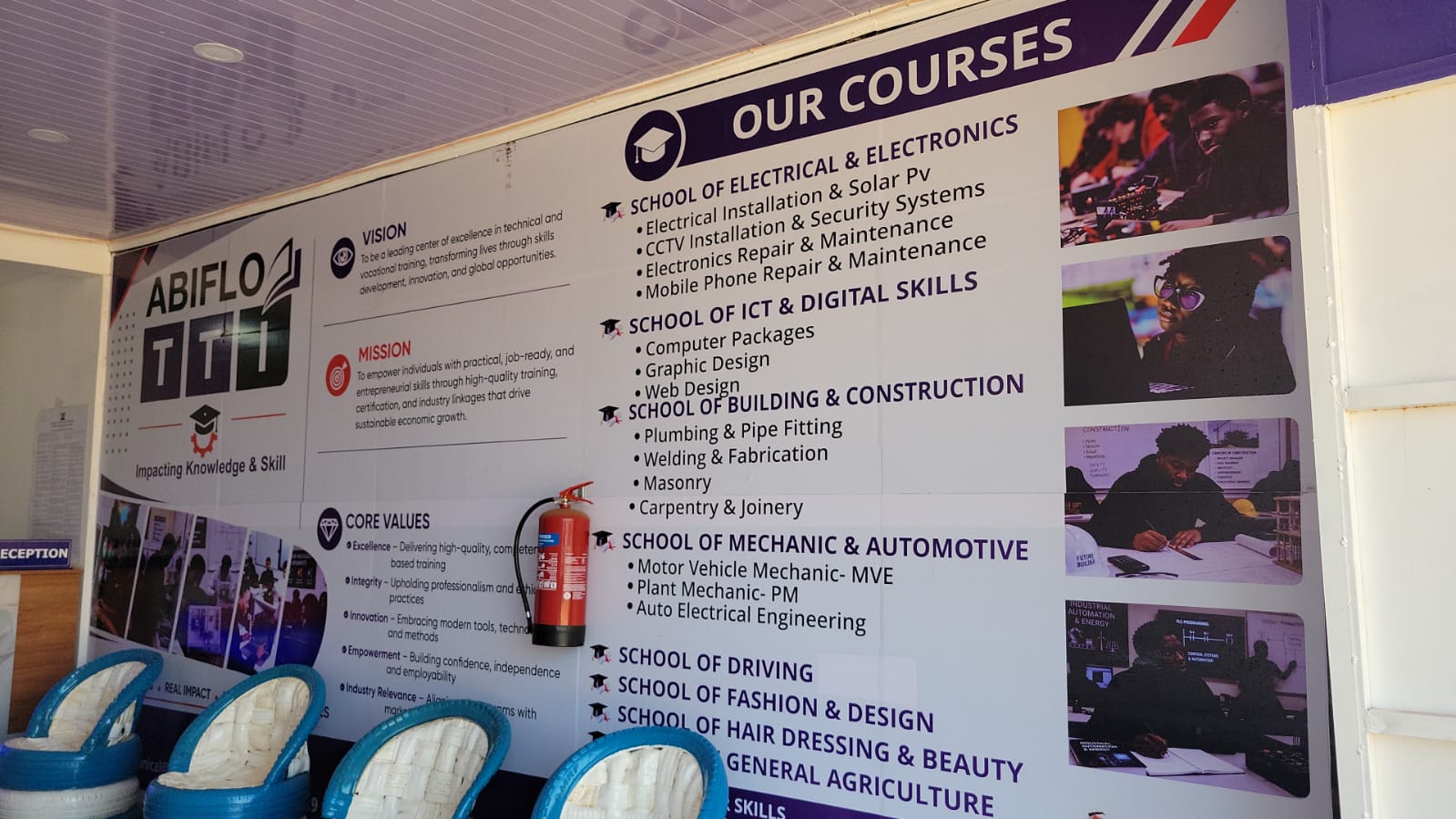Reception area with the schools and courses board